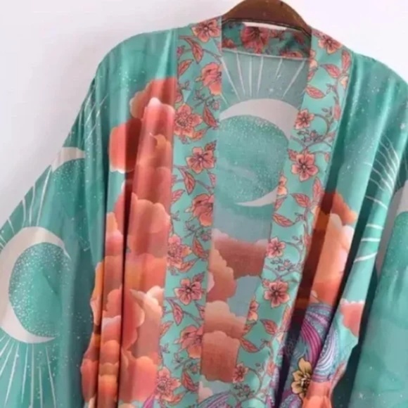 Green Cosmic Galaxy Moon Boho Short Kimono Coverup Robe - Picture 4 of 9